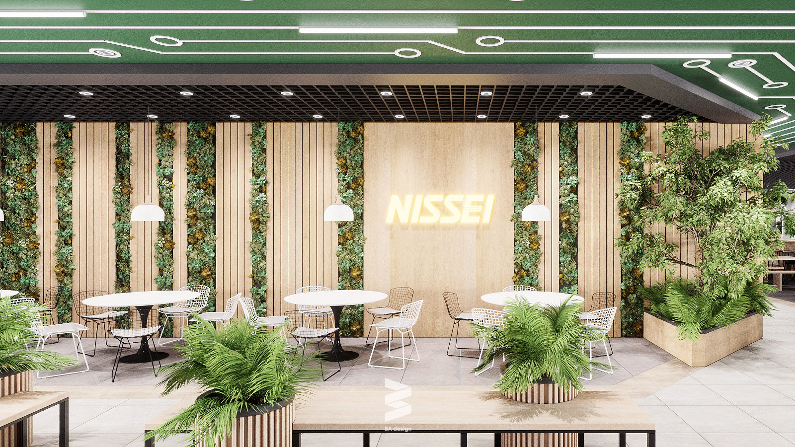 Thiết kế canteen nissei tràn ngập sắc xanh