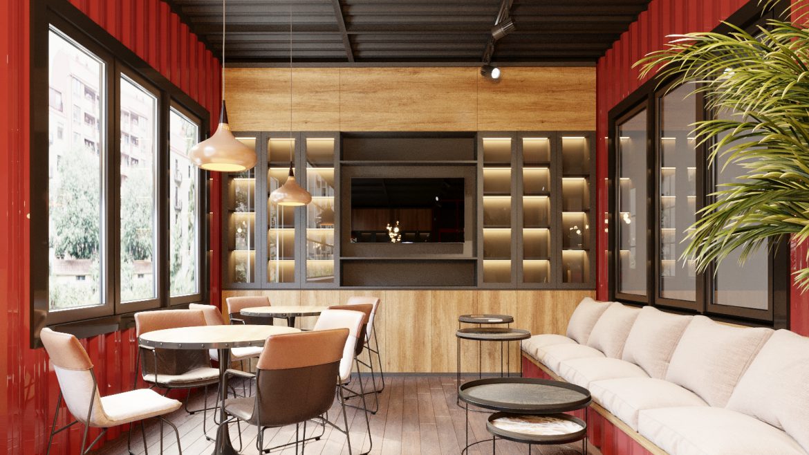 Không gian quán cà phê với tông màu nâu - đỏ tưởng chừng như tương phản nhưng lại đem đến ấn tượng không ngờ