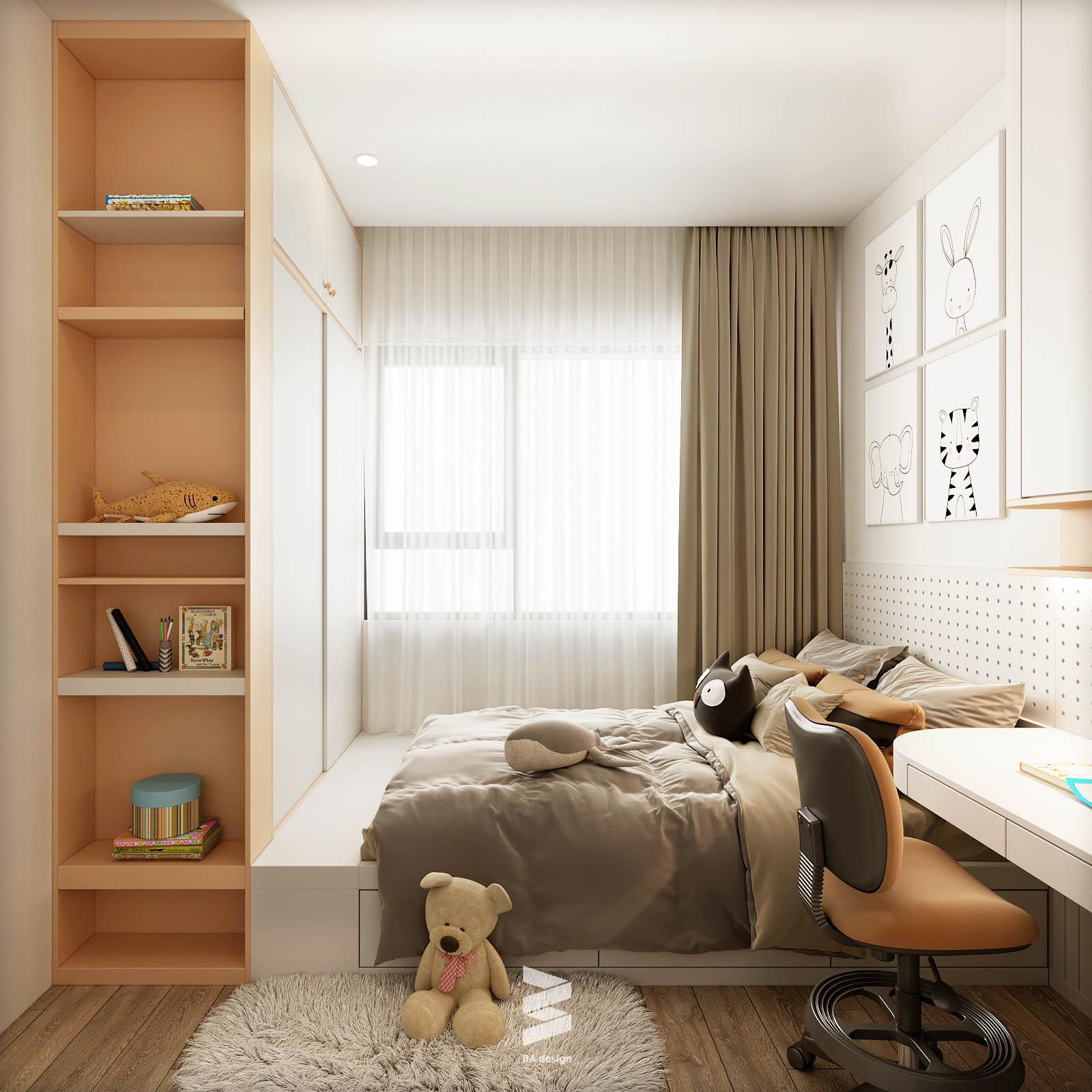 Phòng ngủ bé gái với tông trắng- cam nhạt ở căn hộ Vinhomes Smart city