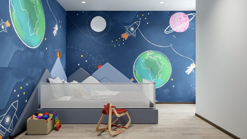 Tạo điểm nhấn, độc đáo bằng bức tường "khám phá vũ trụ" tại phòng ngủ các bé