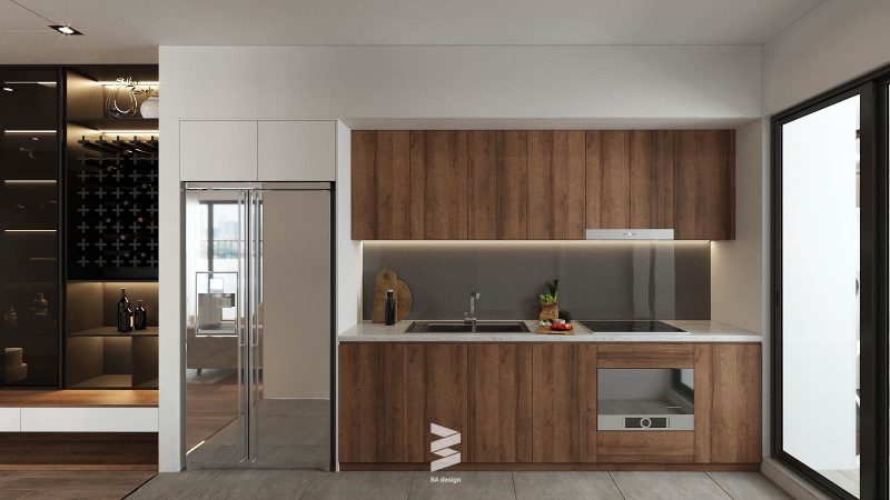 Chung cư Pride: Với không gian có diện tích nhỏ thì phòng bếp với kết cấu hình khối song song sẽ tạo nên chiều sâu.