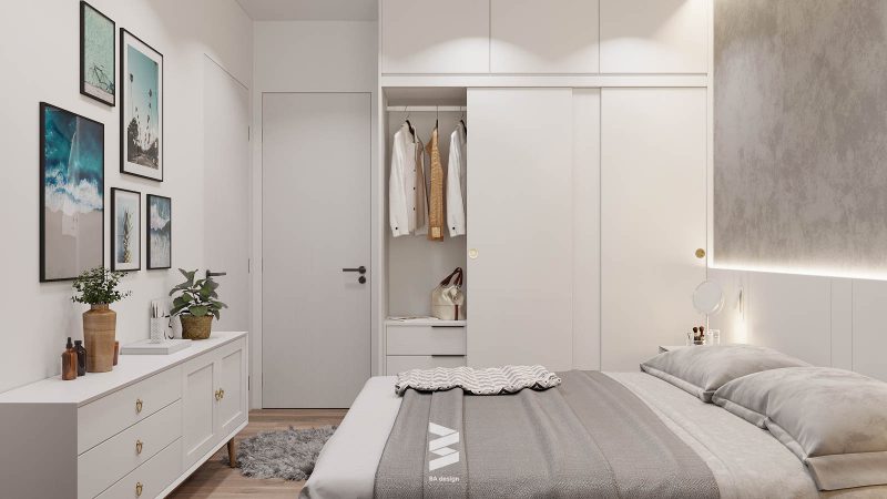 Phòng ngủ với tông màu trắng đơn giản mang lại cảm giác thư thái, thoáng đãng