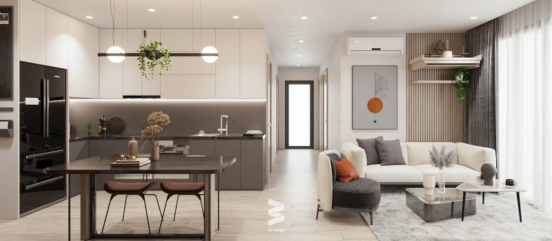 Phòng khách được thiết kế theo phong cách hiện đại tại căn hộ chung cư Vinhomé Smart City
