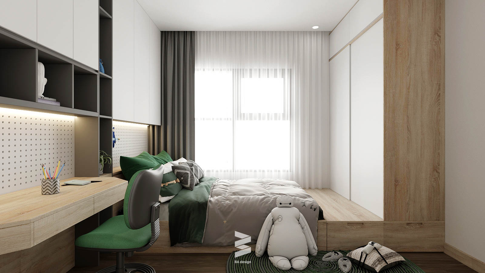 Phòng ngủ bé trai sử dụng tông trắng - xanh lục