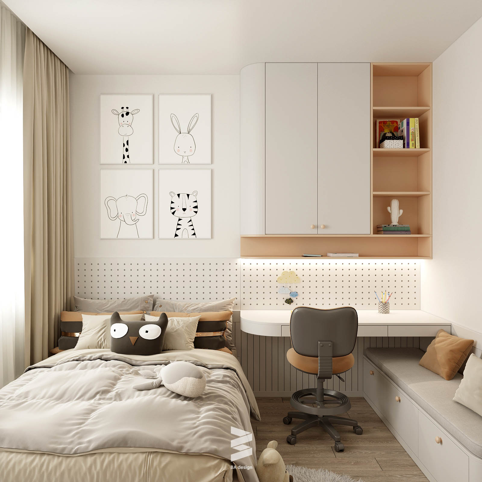 Phòng ngủ bé gái với tông trắng- cam nhạt ở căn hộ chung cư Vinhomes Smart city