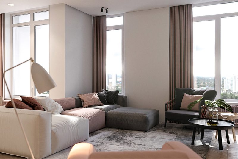 Sofa 3 màu mang sự chuyển động của màu sắc trong không gian trắng - hồng - xám