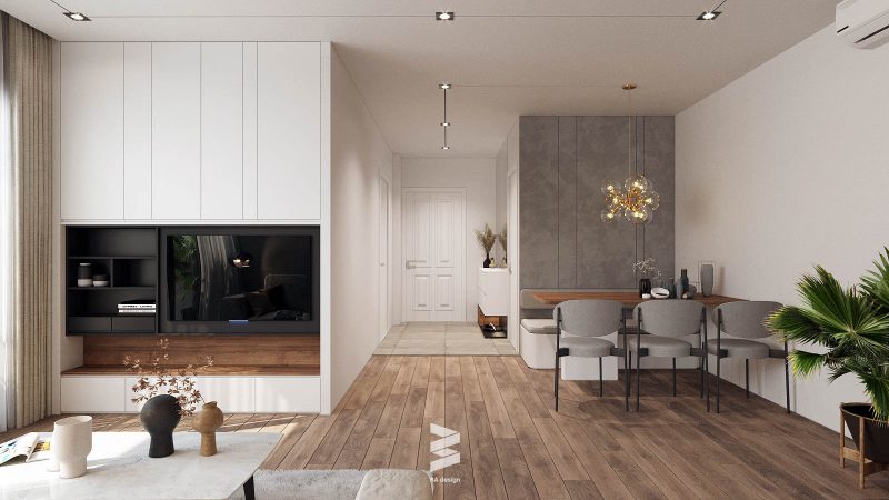 Không gian căn hộ chung cư đơn giản với gam màu xám trắng và tối giản nội thất