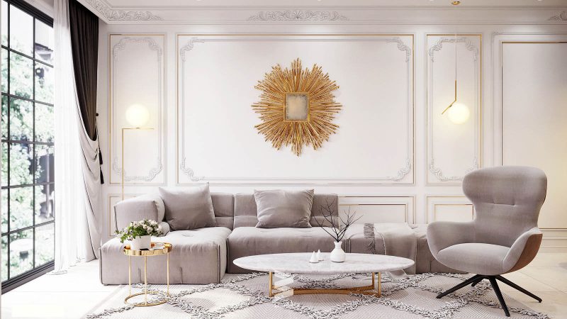 Sự kết hợp giữa yếu tố cổ điển và hiện đại: Sofa được thiết kế tối giản, theo hướng hiện đại bớt các chi tiết cầu kỳ. trong khi đó các đường bo tường cầu kỳ, cùng trang trí mang hơi thở cổ điển