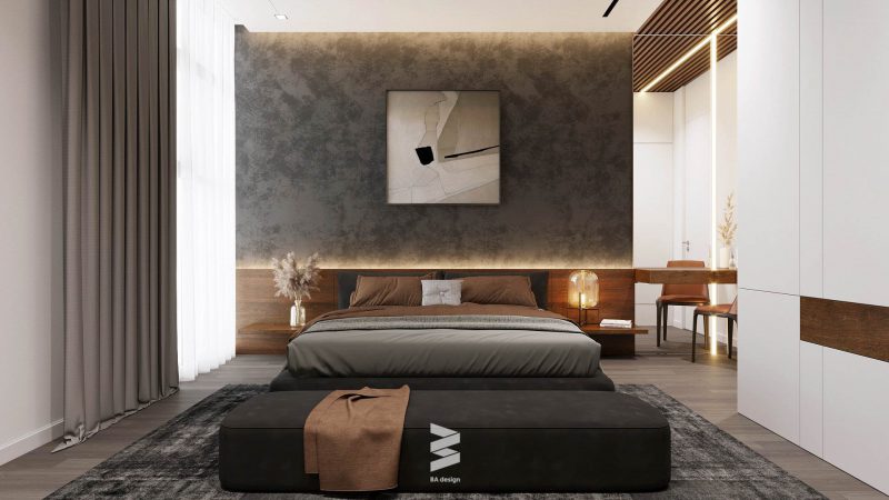 Mẫu thiết kế phòng ngủ master rộng rãi, đẹp và thêm chức năng làm việc.