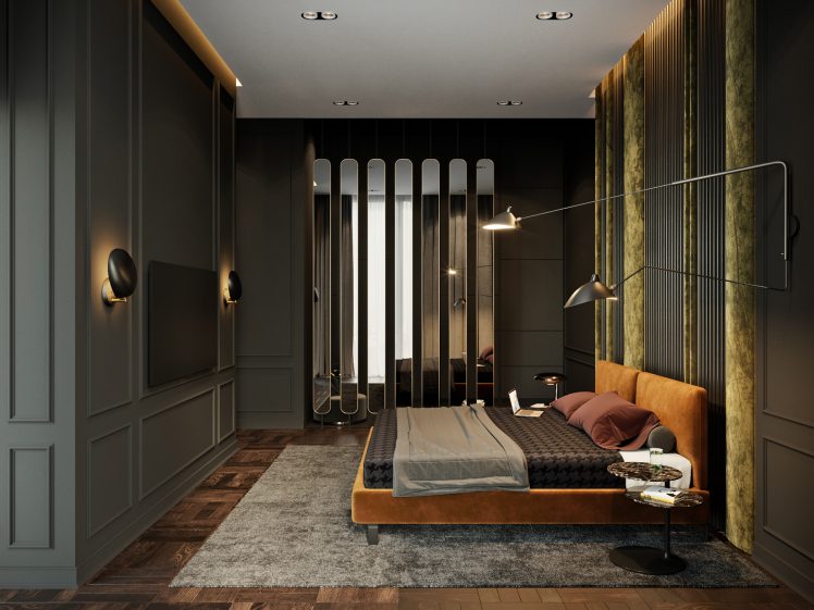 nội thất chung cư cao cấp đẹp: Đầu phòng ngủ sử dụng chất liệu nhung lam mang lại hơi thở cổ điển trong thiết kế hiện đại 