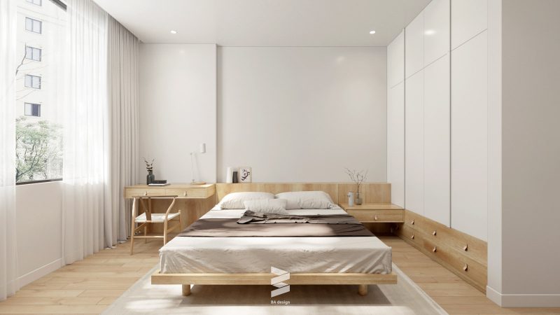 Phòng ngủ cũng được thiết kế đơn giản hóa, vô cùng mộc mạc và gần gũi tại nhà phố Long biên 