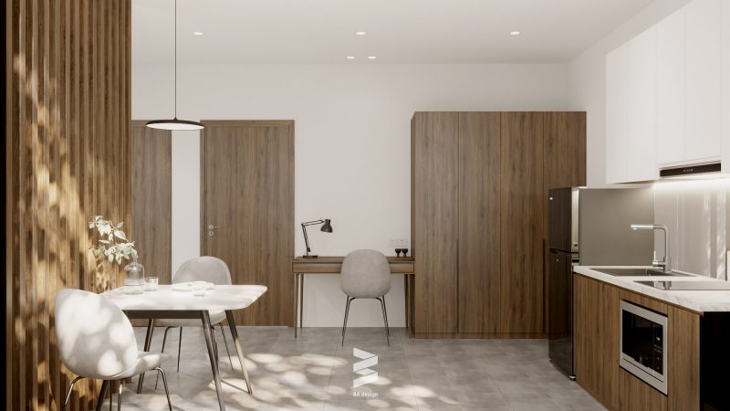 Không gian bếp và bàn ăn kết hợp cả không gian làm việc trong căn nhà cho thuê