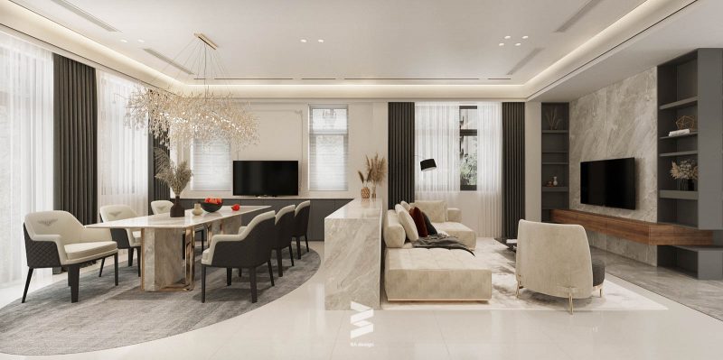 Luxury villa: Toàn cảnh không gian khách bếp với tông màu trung tính cơ bản 