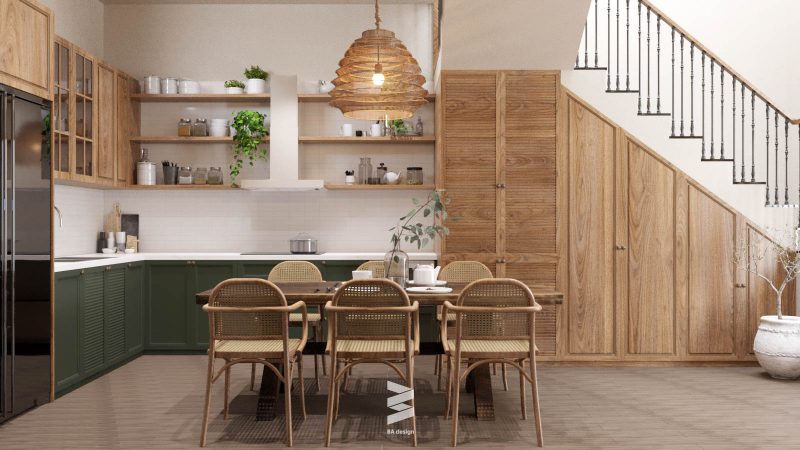 Không gian bếp được thiết kế đơn giản, ấm cúng tại căn biệt thự mộc mạc