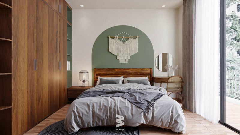 Phòng ngủ master thiết kế đậm chất phong cách mộc mạc với toàn bộ nội thất được làm bằng gỗ tự nhiên với các đường vân ấn tượng 