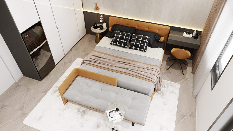Phòng ngủ thiết kế màu sắc hài hòa, lấy điểm nhấn màu vàng đất. Thiết kế sử dụng tủ quần áo âm tường để tối ưu không gian 