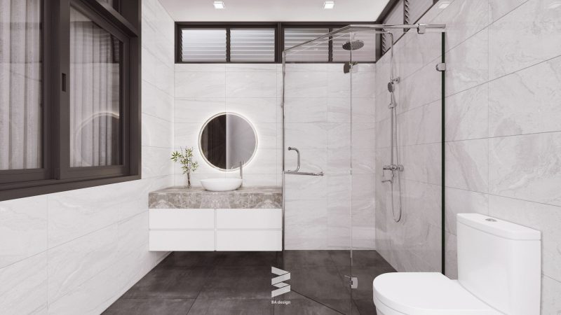 Phòng tắm thiết kế tối giản hóa với màu sắc đơn giản, không gian sạch sẽ