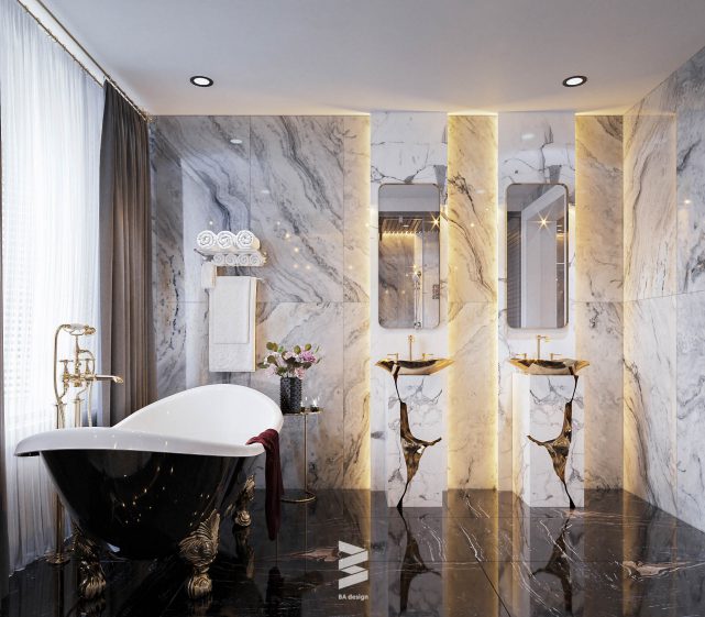nhà tắm luxury sử dụng đá tự nhiên sạch sẽ, thoáng mát
